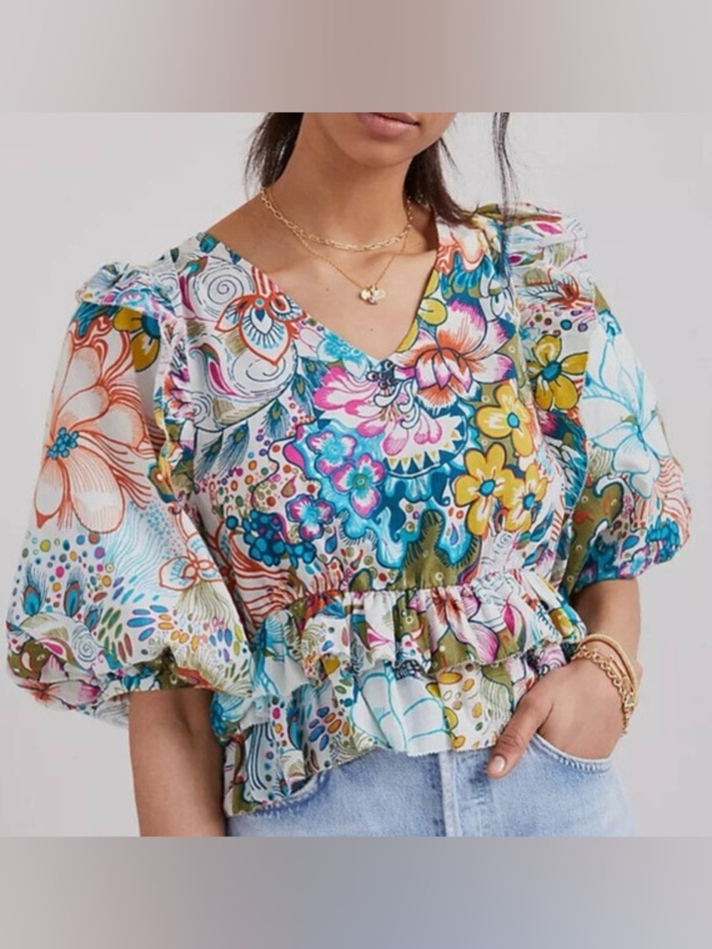 NWT Anthropologie Love The Label Peplum Bubble Sleeve Ruffle Double V Top